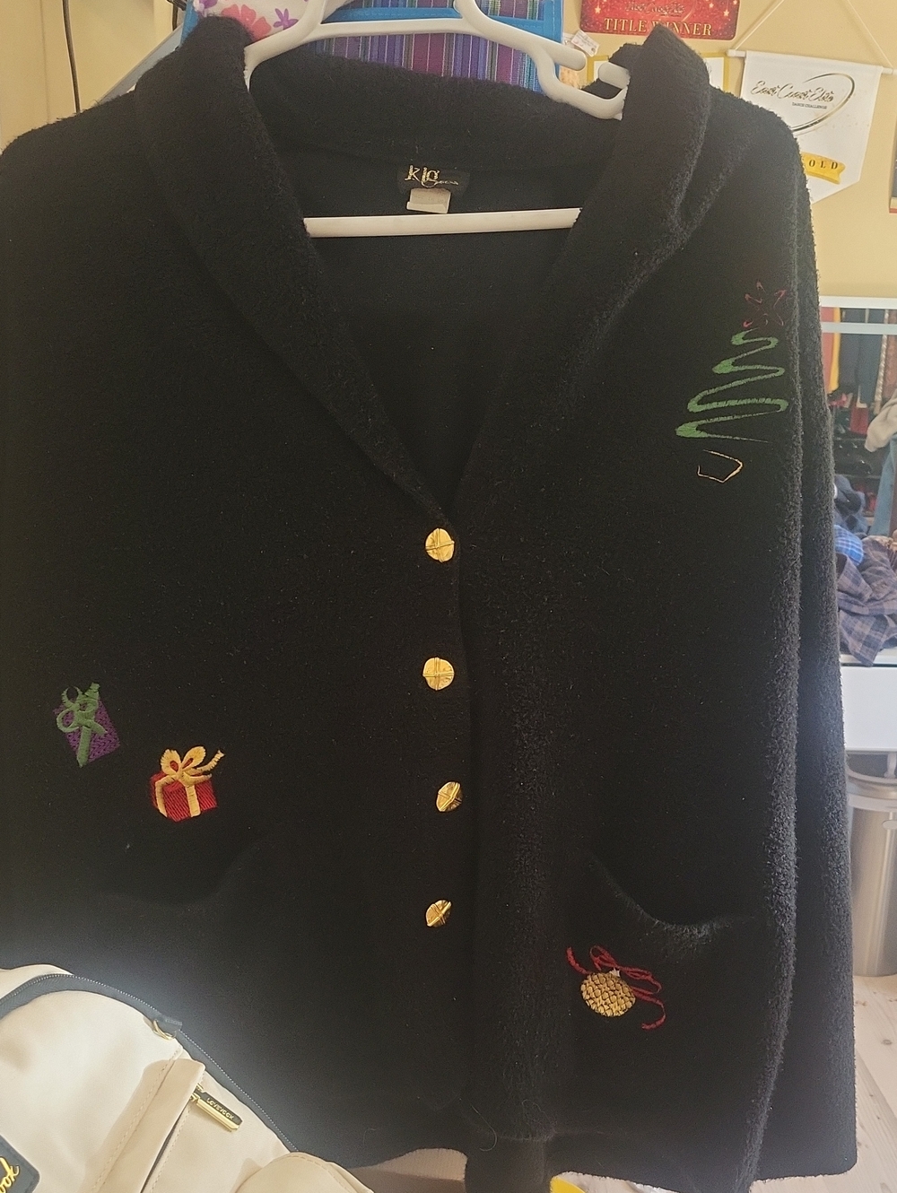 Black Embroidered Holiday Cardigan with Gold Buttons